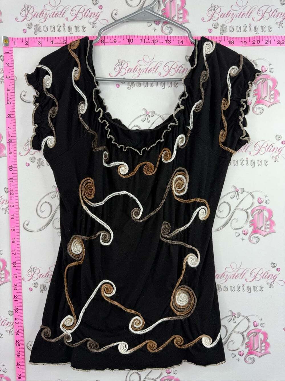 Tshirt milkmaid style y2k swirls Black Embroidered Ruffle Sleeve Top